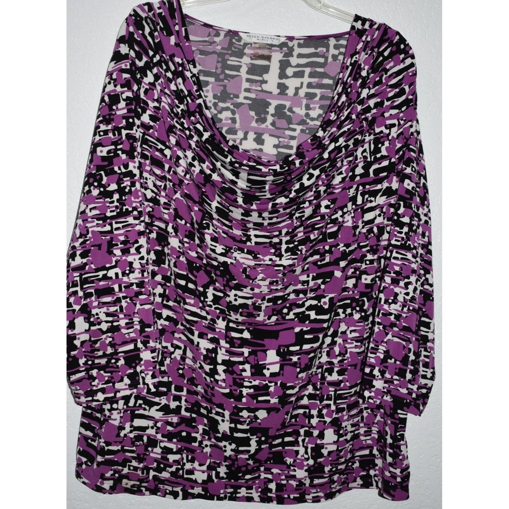 NYGARD 2X Drape Neck Top Stretch 3/4 Sleeve Slinky Purple Geometric Blouse Tunic
